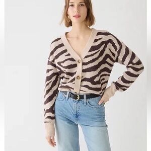 J CREW Ribbed V-neck Alpaca Wool blend cardigan sweater in zebra stripe Size L